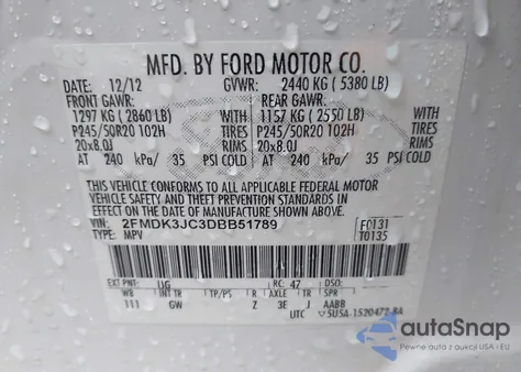 2012 Ford Edge Sel from USA, damaged, VIN 2FMDK3JC3CBB1789